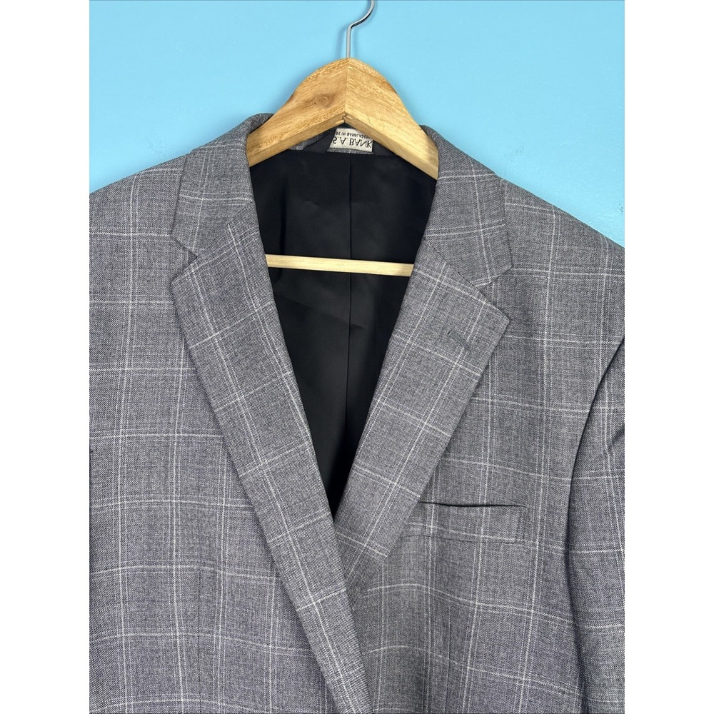 Jos A Bank Blazer 44L Gray Blue Windowpane Plaid Wool Silk Linen Sport Coat